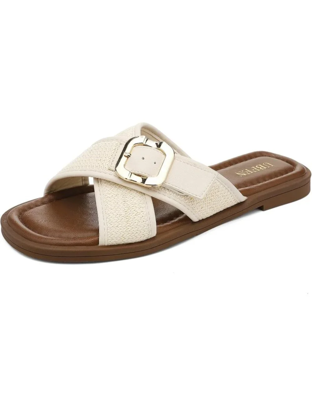 Women's White Square Toe Flat Sandals Slides Dressy Comfortable for Casual